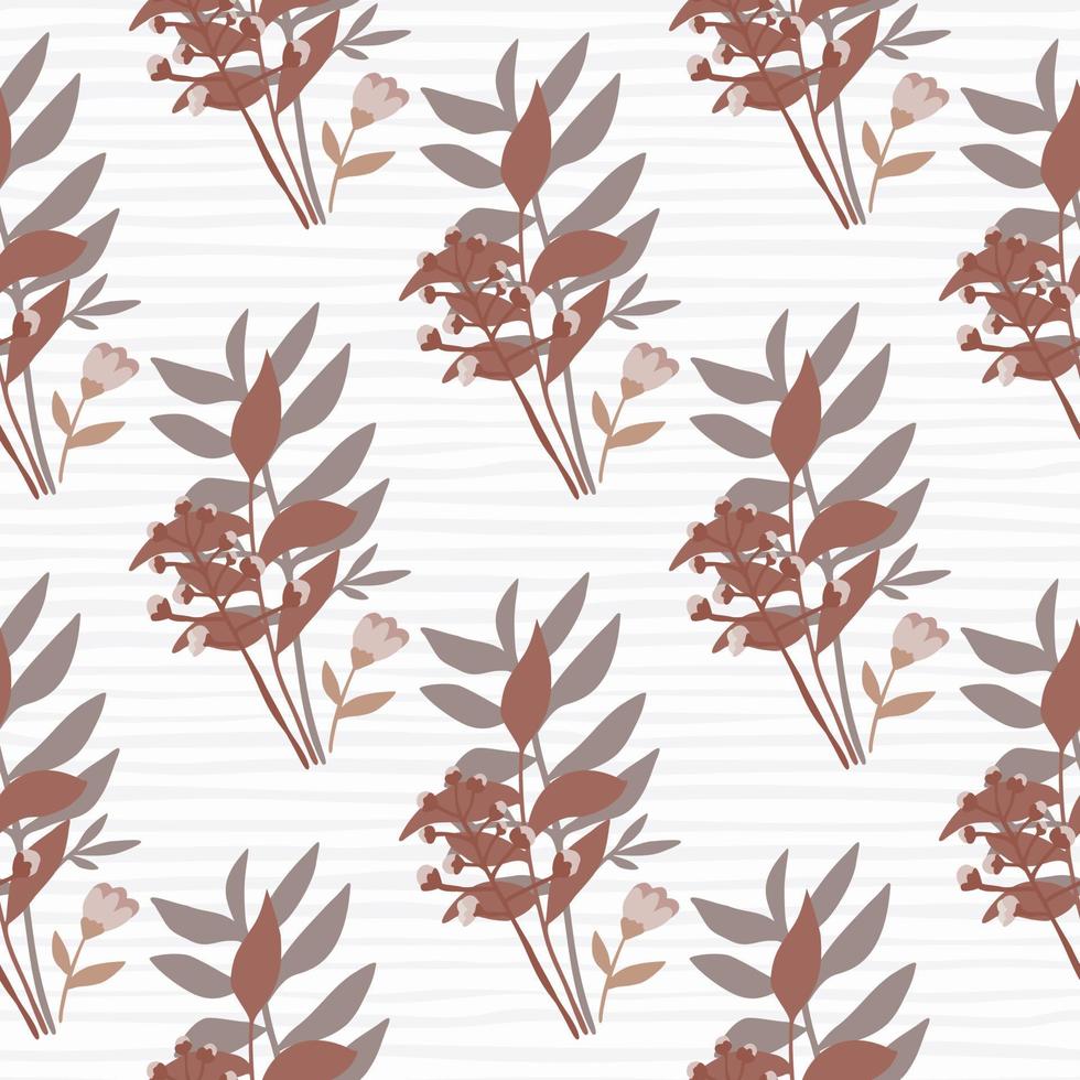 Seamless forest bouquet doodle pattern. White background with strips. Foliage silhouettes in brown and grey tones. vector
