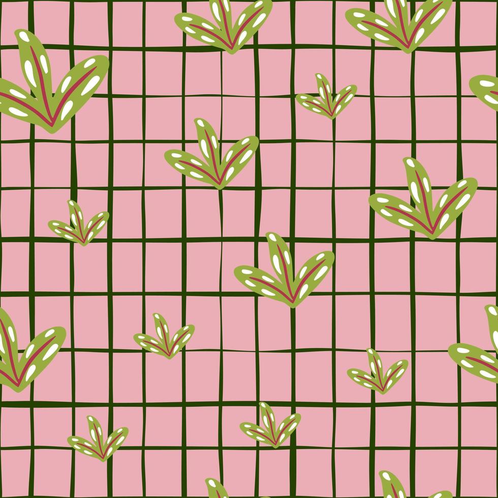 Abstract nature seamless pattern with green simple leaf silhouettes. Pink chequered background. Doodle artwork. vector