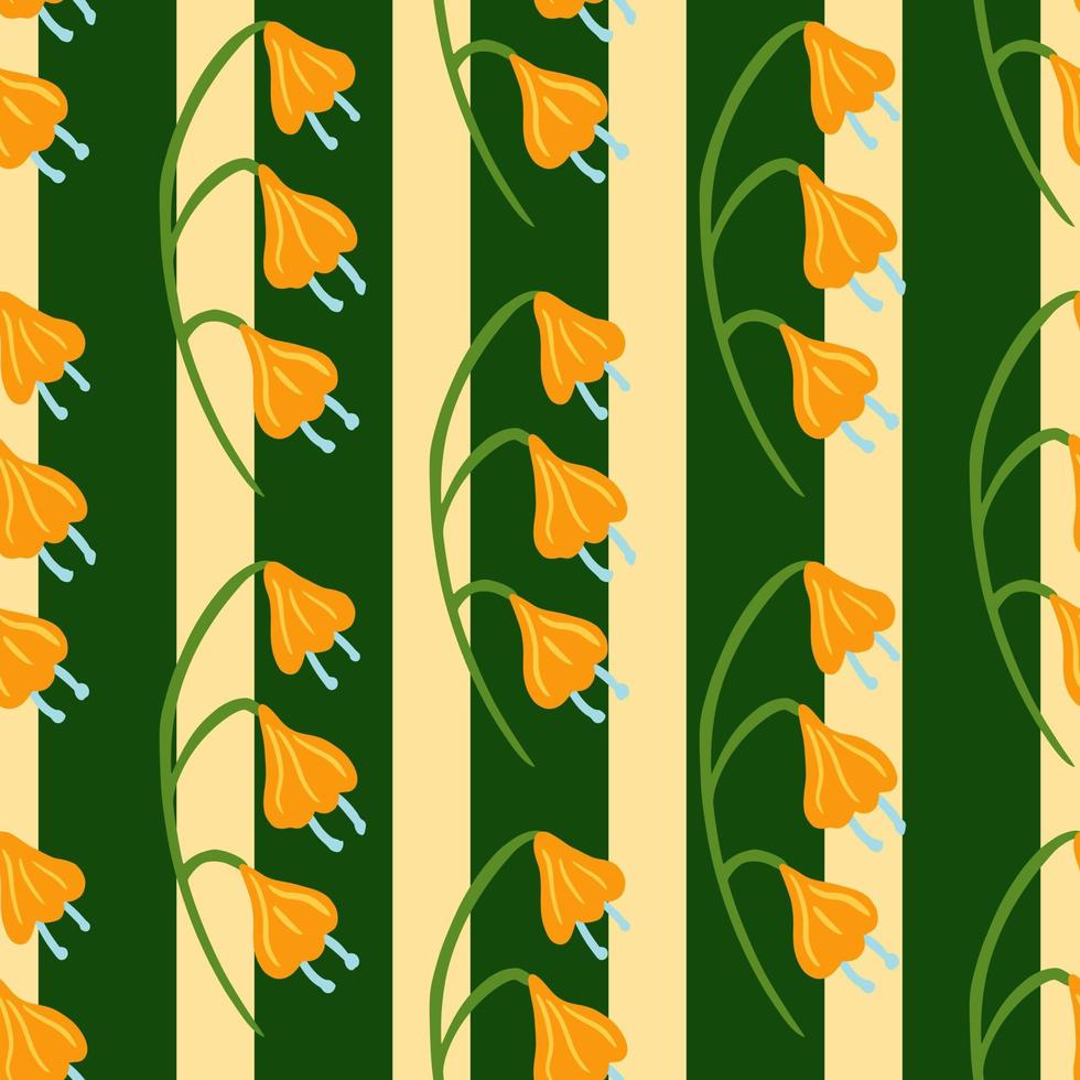 Summer seamless pattern with doodle bright orange bell flowers print. Green striped background. vector