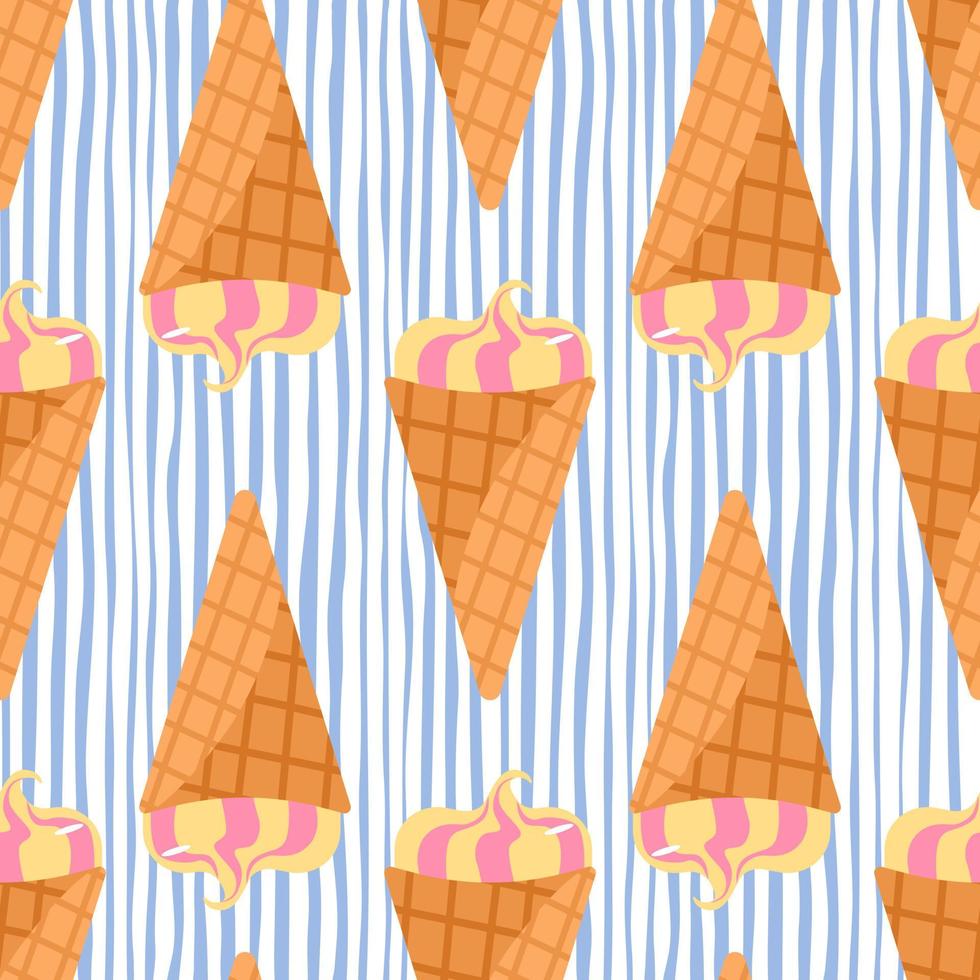 Bright food seamless pattern with ice cream in waffle cone. White background with blue strips. vector