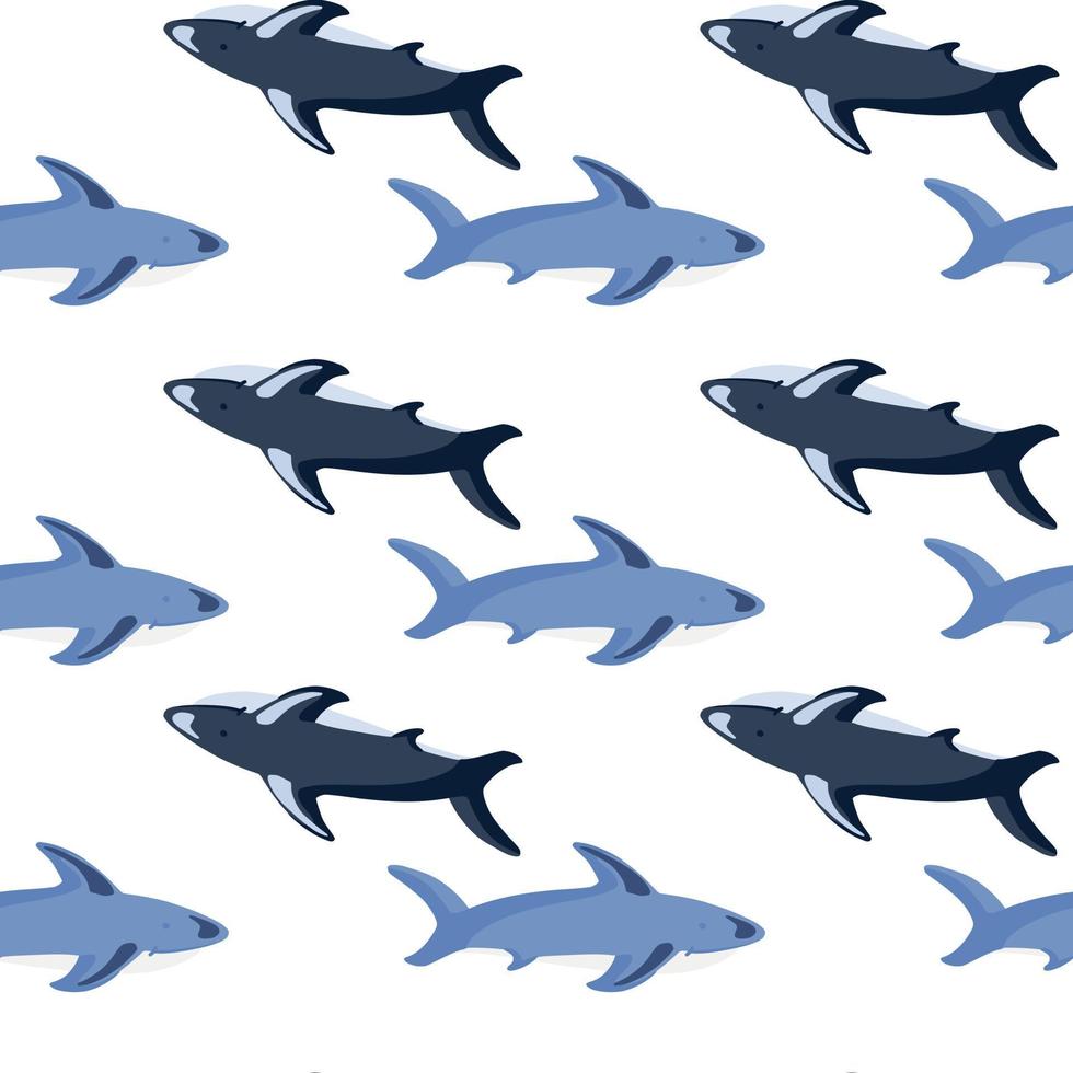 Seamless isolated pattern with blue shark shapes print. White background. Ocean underwater ornament. vector