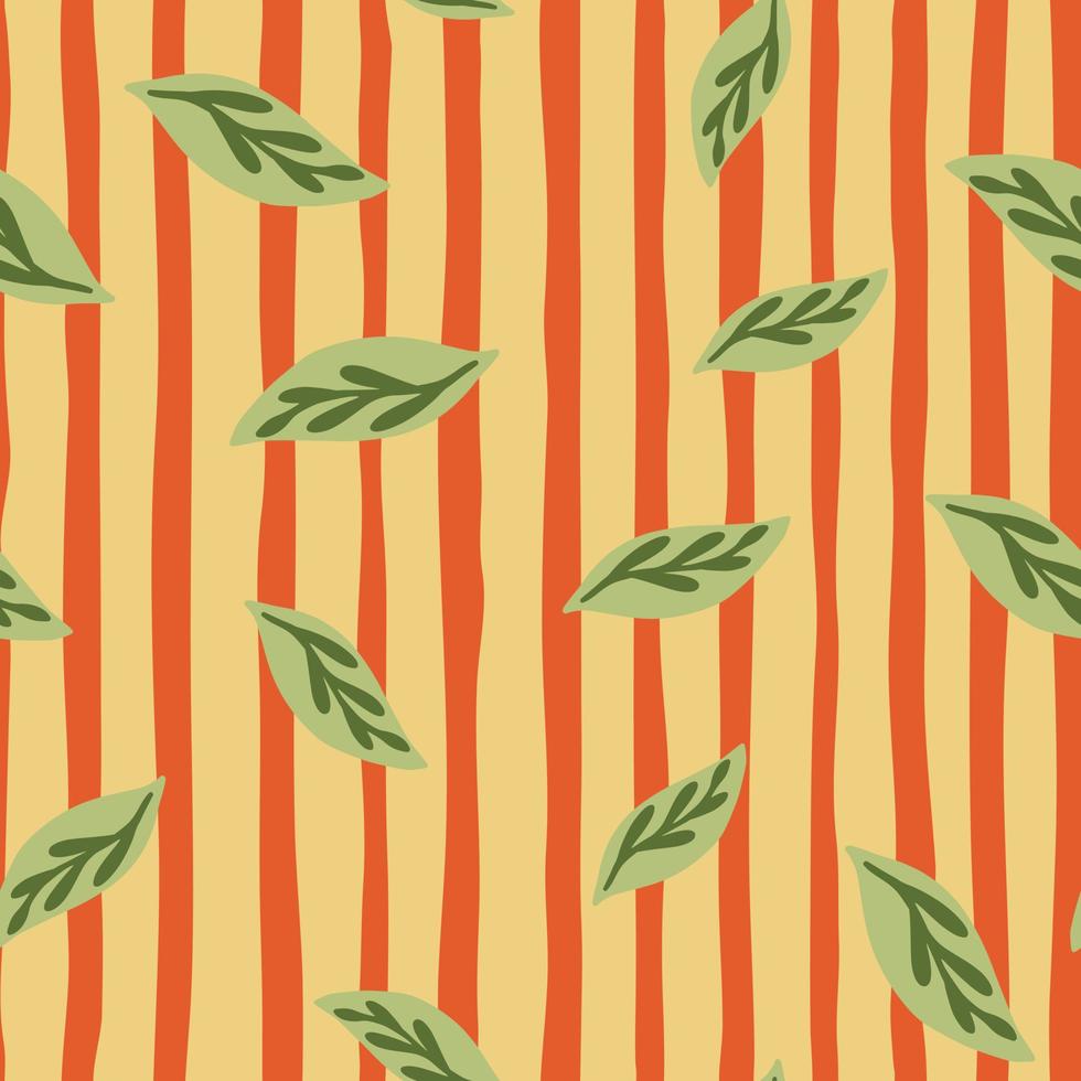 Random green foliage ornament seamless pattern in doodle style. Orange striped background. Fall nature. vector