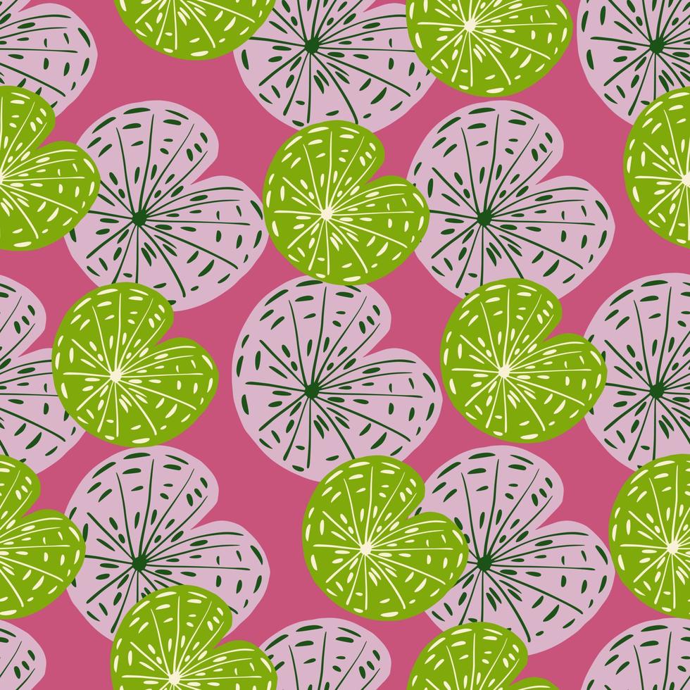 Decorative seamles pattern with doodle simple green and lilac lily water silhouettes. Pink background. vector