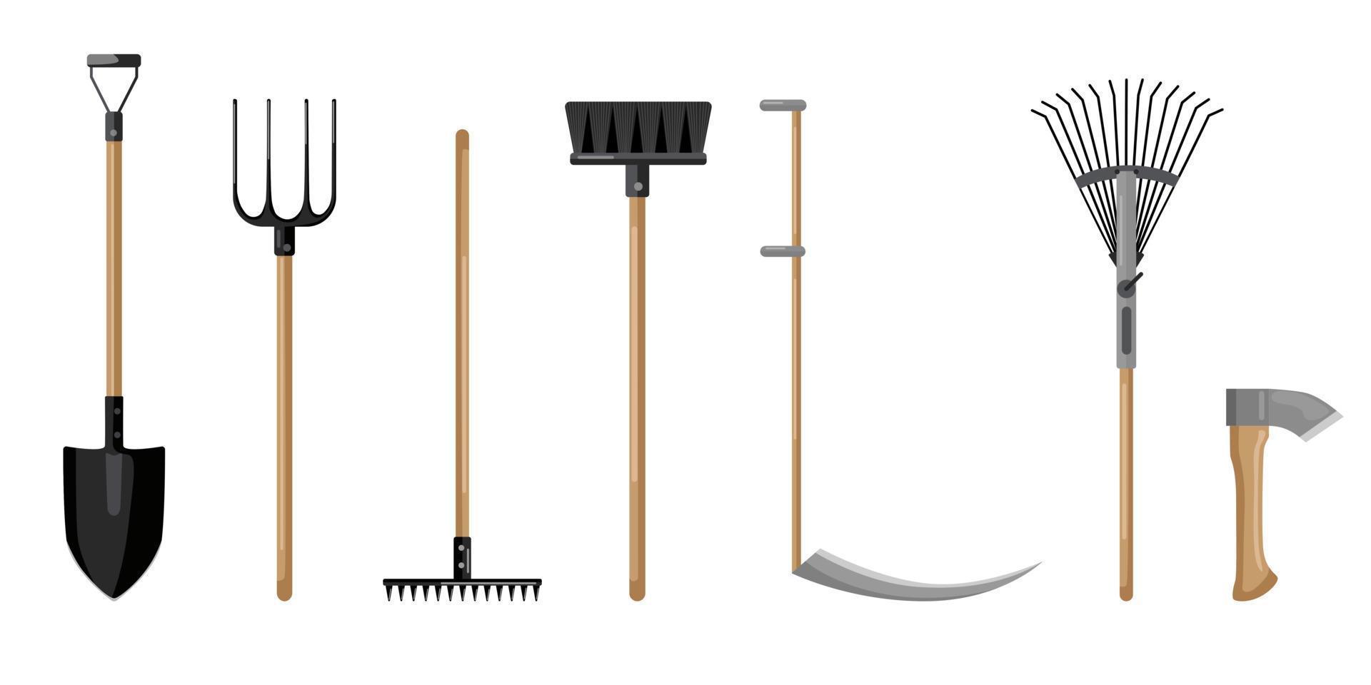 Set agricultural on white backdrop. Shovel, pitchfork, broom, axe, scythe,rake Flat style vector