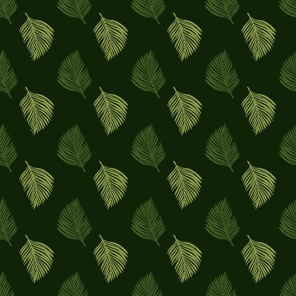 Dark nature tropic seamless pattern with doodle green leaves silhouettes. Dark background. Nature print. vector
