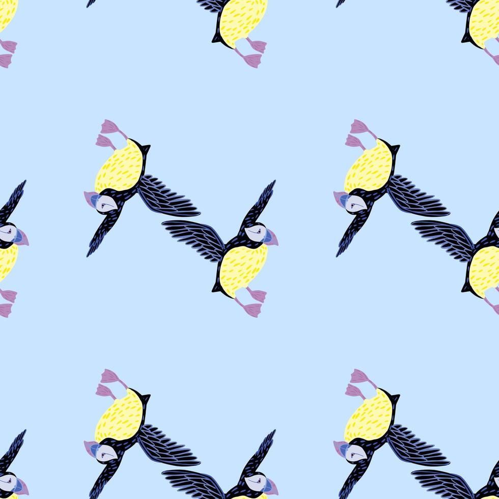 Zoo decorative seamless pattern with abstract puffin bird elements. Light blue background. Ornithology print. vector