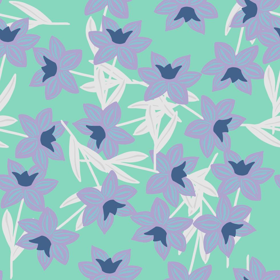 Abstract flora nature seamless pattern with scribble flower silhouettes in purple and white tones. Blue background. vector