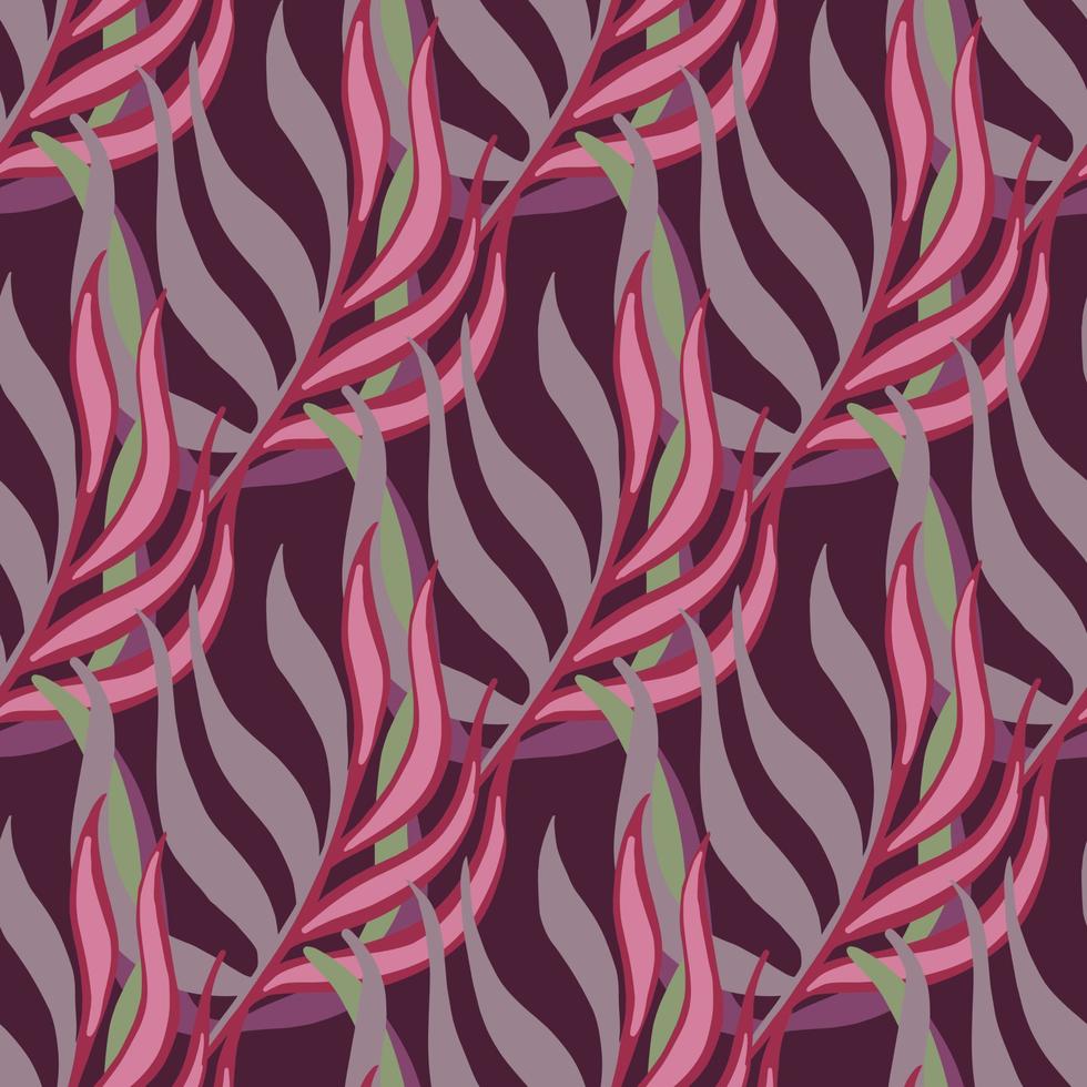 Purple and pink colored exotic leaf branches ornament. Dark background. Botanic ornament. vector