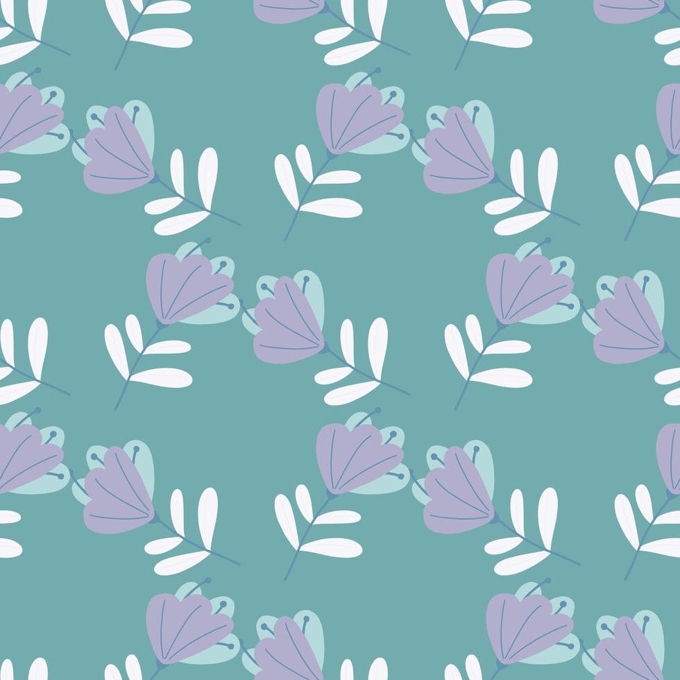 Cute purple scribble flowers elements seamless pattern. Blue background. Nature decorative backdrop. vector