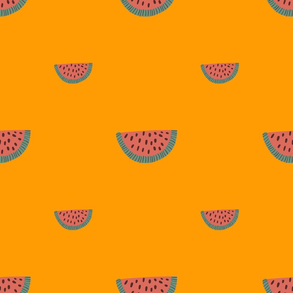 Minimalistic seamless pattern with doodle pink watermelon slice elements. Orange background. Simple style. vector