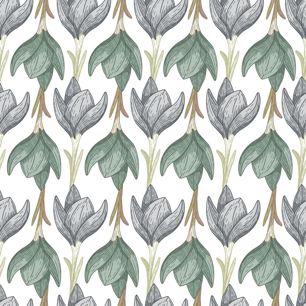 Green and blue colored seamless isolated pattern with outline crocus flower shapes. White background. vector