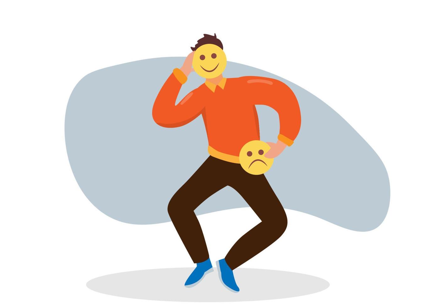 Man chooses a smiling mask to hide. His true face. vector illustration