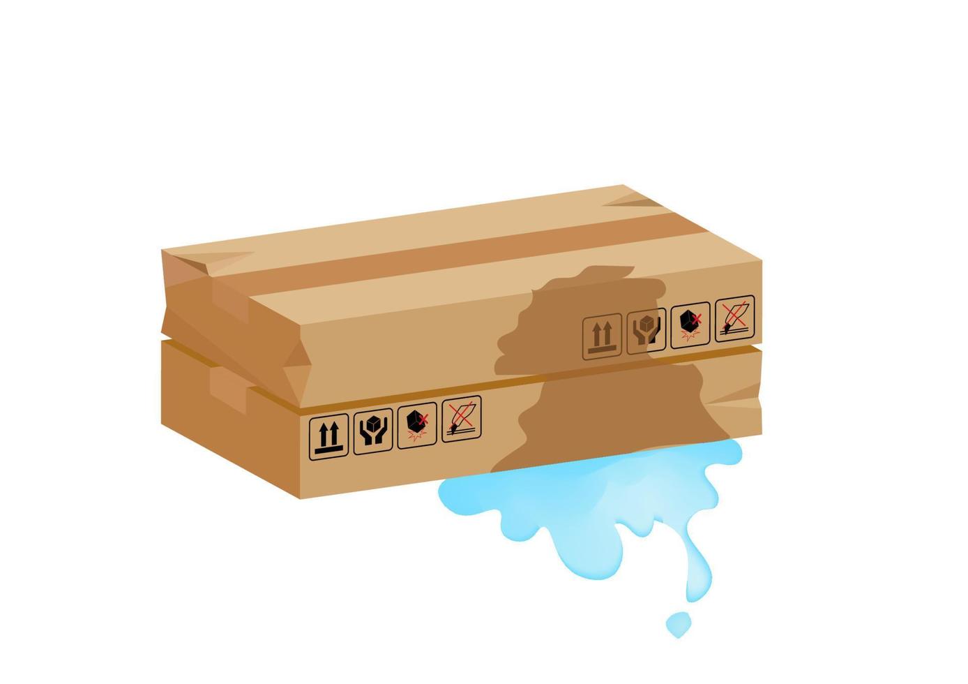 caja de cartón húmeda dañada, embalaje del producto, embalaje marrón roto, papel símbolo aislado sobre fondo blanco. vector de ilustración de dibujos animados de estilo plano