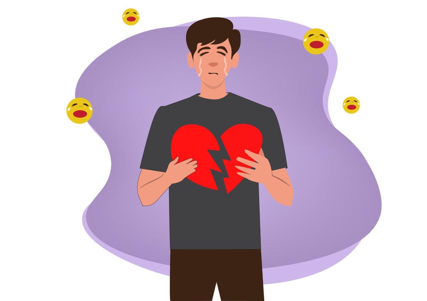 Sad man holding a broken heart with a cry emoticon In the concept of heartbreak. Disappointed. Sad. Flat style cartoon vector illustration.