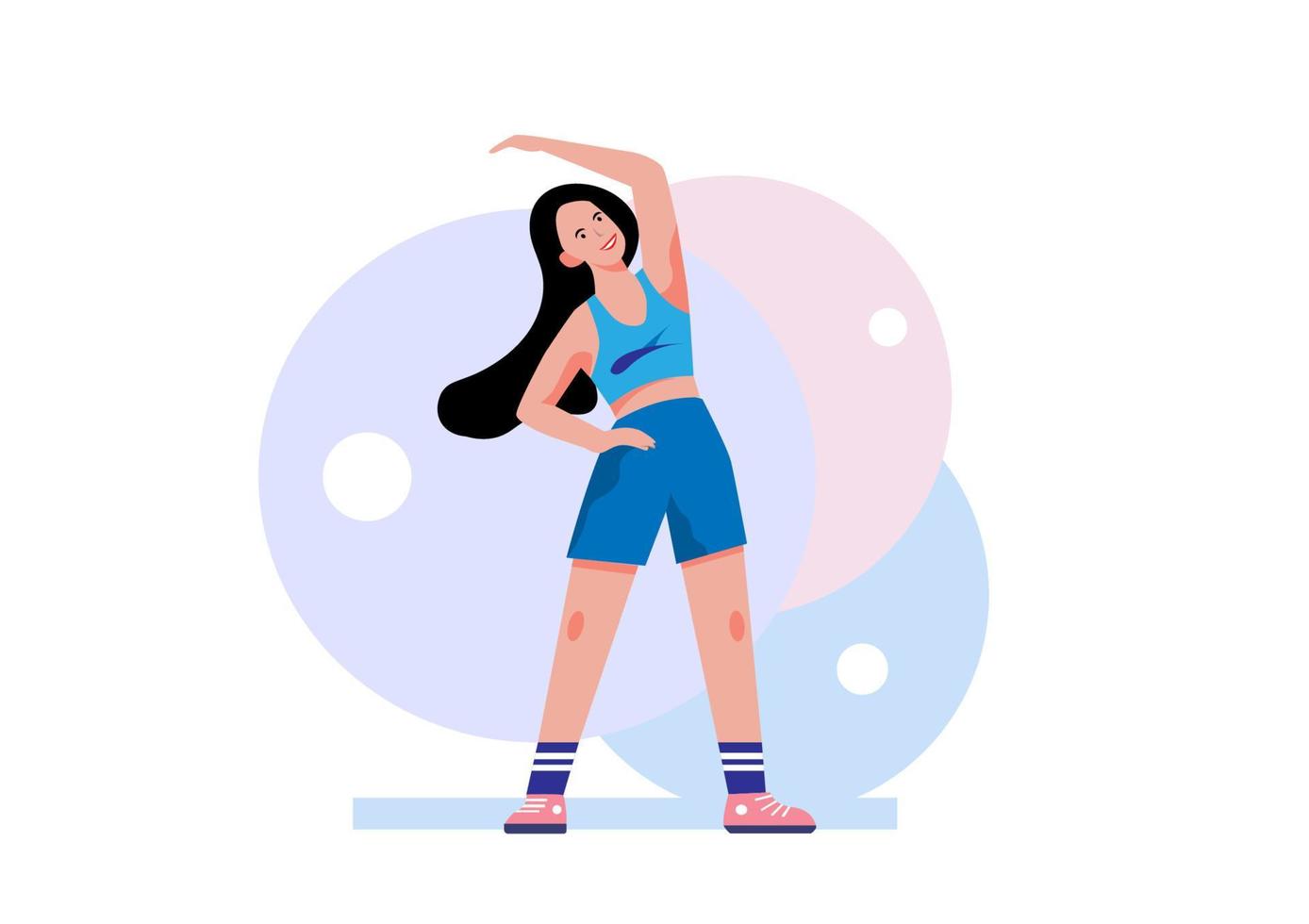Fitness girl By warming up the body before playing sports. Flat style cartoon illustration vector