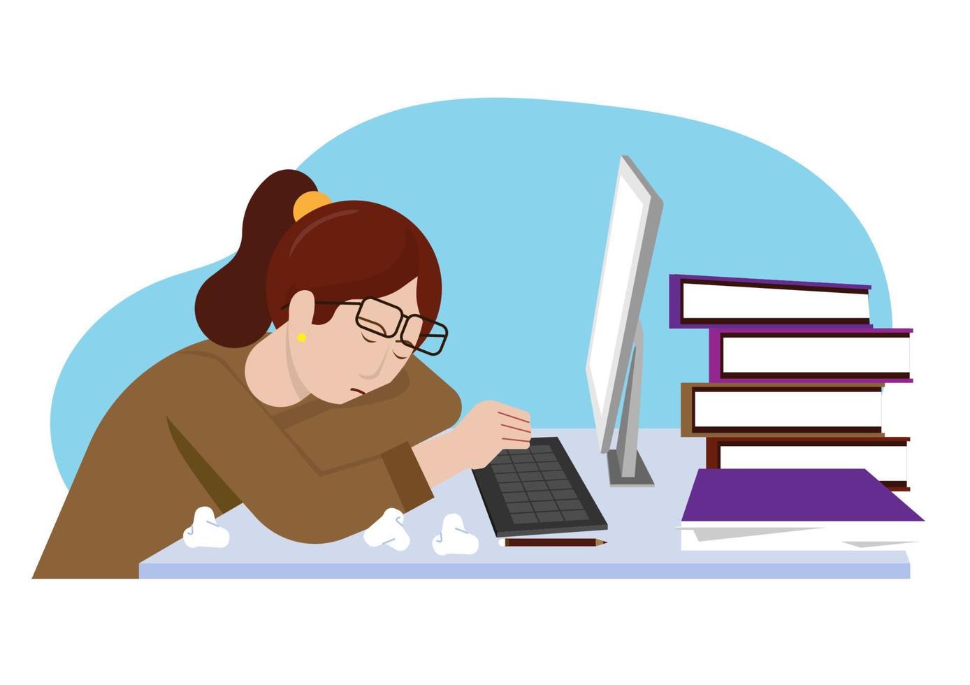 Tired woman in the office sitting asleep on the desk Long working day vector illustration