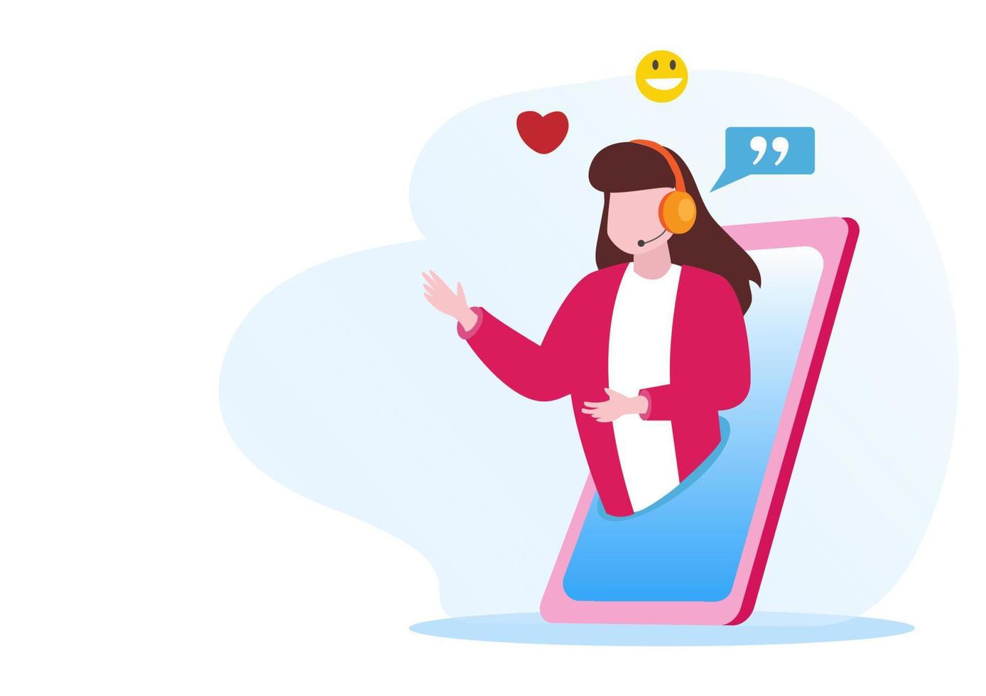 página de inicio de servicio al cliente. mujer con auriculares y micrófono con laptop. ilustración conceptual para soporte, asistencia, centro de llamadas. ilustración vectorial en estilo plano vector