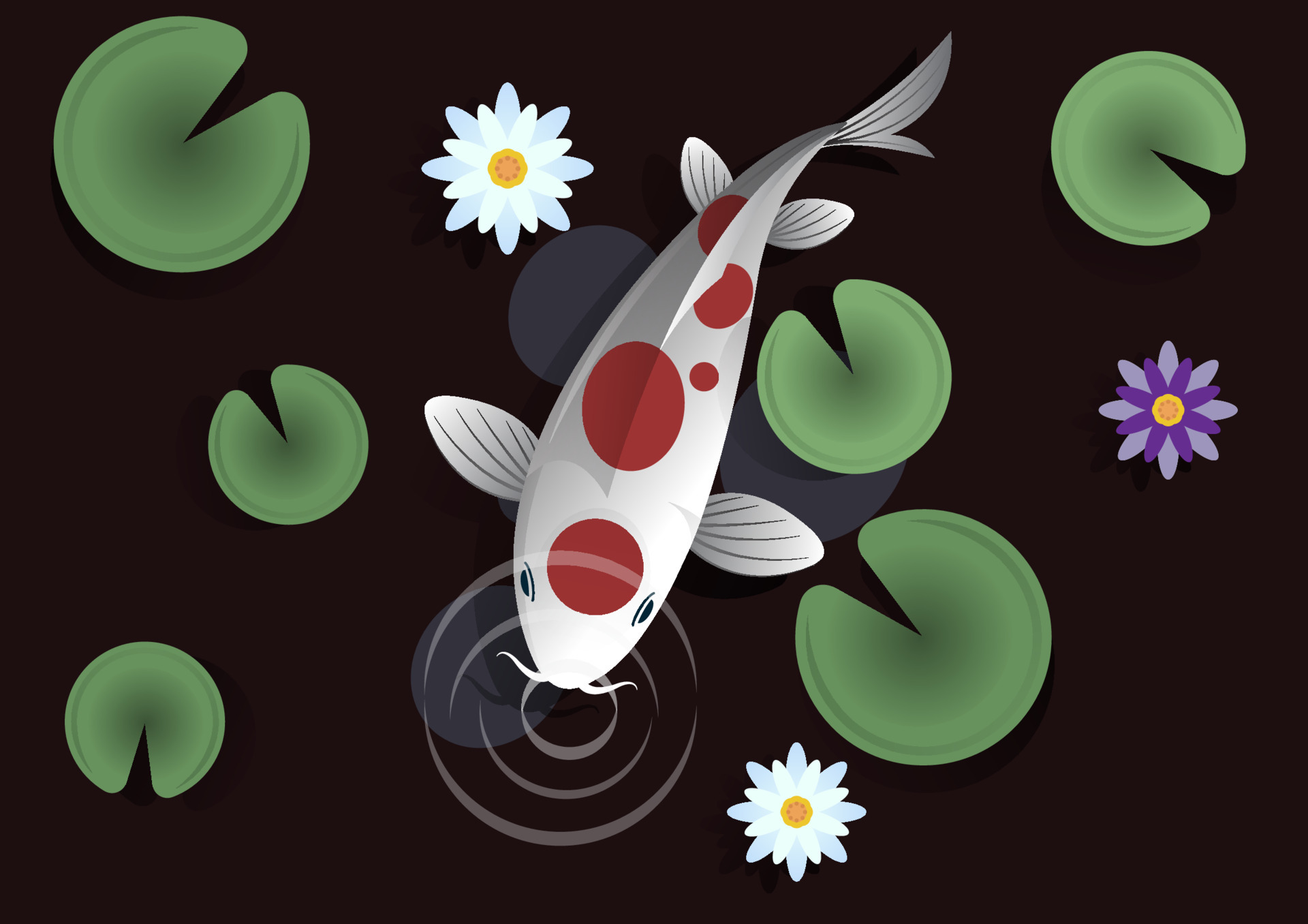 Red-spotted white koi fish come to sniff the air in the fish pond. Inside  the pond there are lotus leaves and beautiful lotus flowers. vector cartoon  flat style illustration 5639042 Vector Art