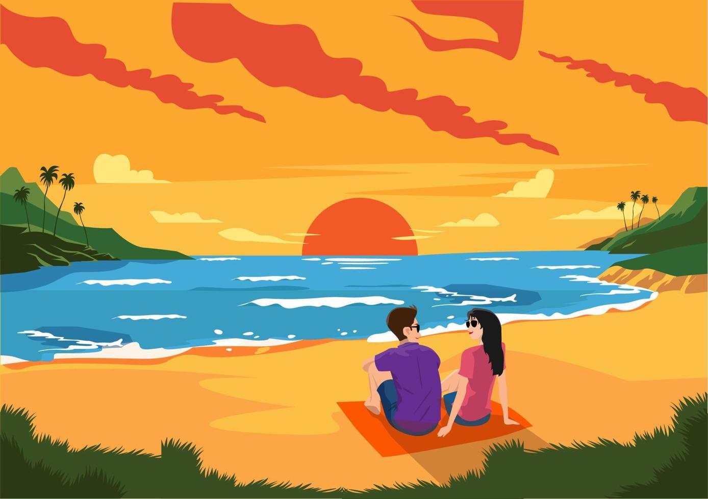 parejas charlando alegremente y disfrutando del atardecer en la hermosa playa. vector de ilustración de dibujos animados de estilo plano