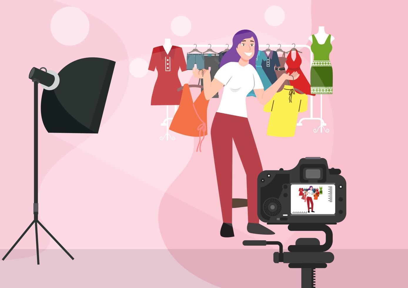 joven vlogger toma una recomendación de ropa describe moda y telas, vlog, hace reseñas, graba videos sentada en la habitación con iluminación profesional. ilustración vectorial de dibujos animados de estilo plano vector