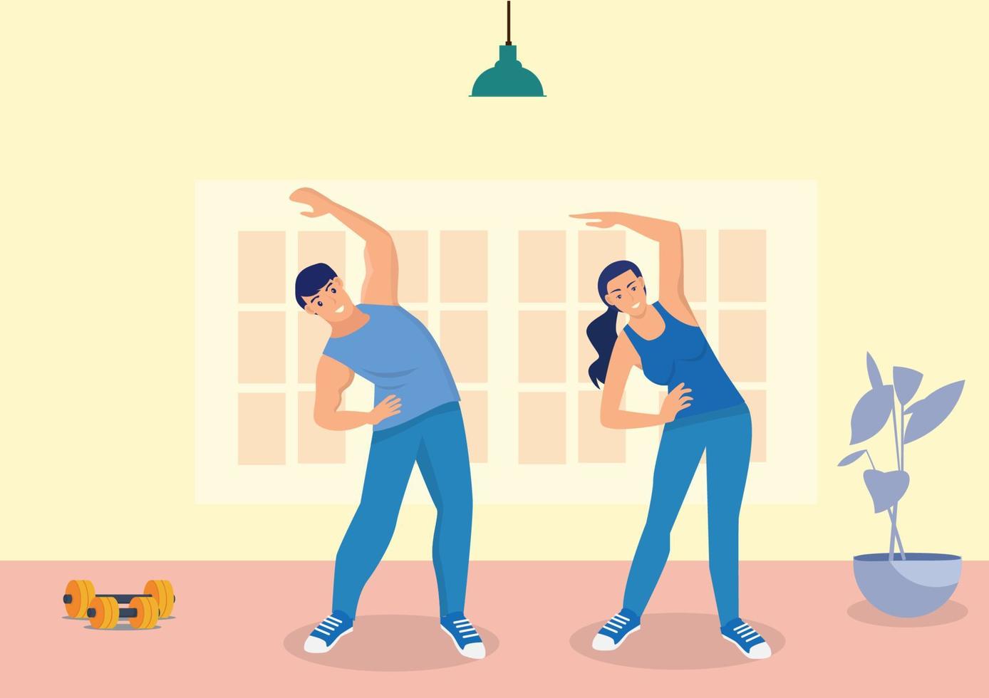 Husband and wife enjoy doing exercise at home healthy lifestyle vector illustration in flat style