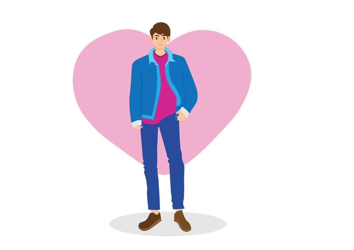 A handsome young man character standing in a blue coat and blue jeans. front view of man in casual clothes Isolated vector illustration in cartoon style.