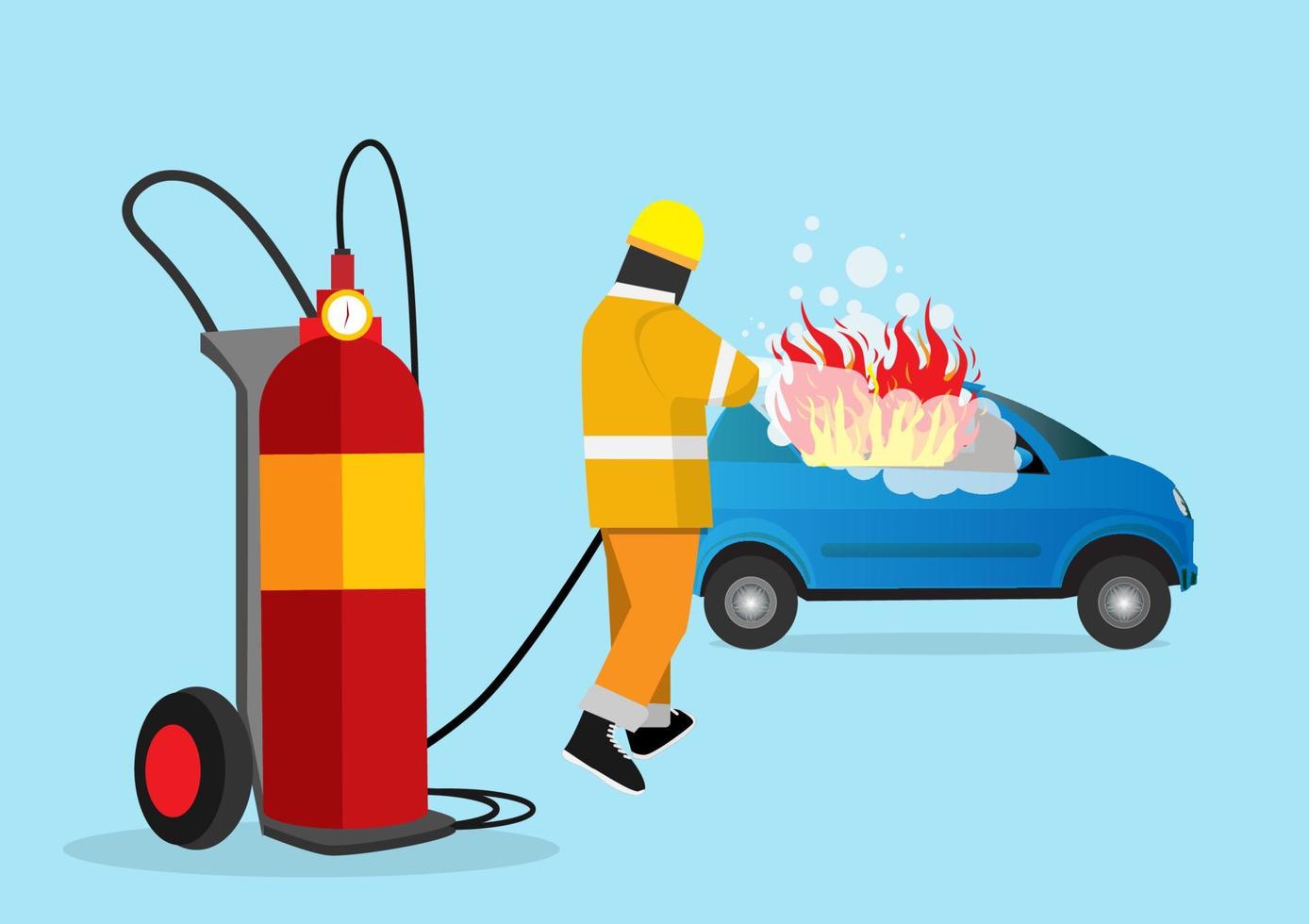 Extinguir el fuego. los bomberos llevan boquillas con extintores móviles. para apagar el fuego de un coche de cuatro puertas que está en llamas. vector de ilustración de dibujos animados de estilo plano