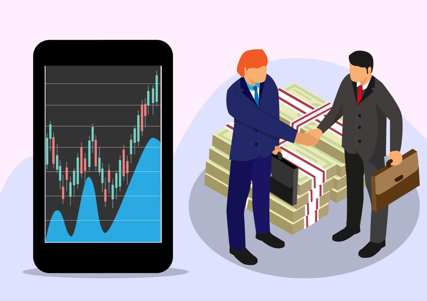 two men doing a stock trading transaction. Vector illustration on business trade and transaction concept