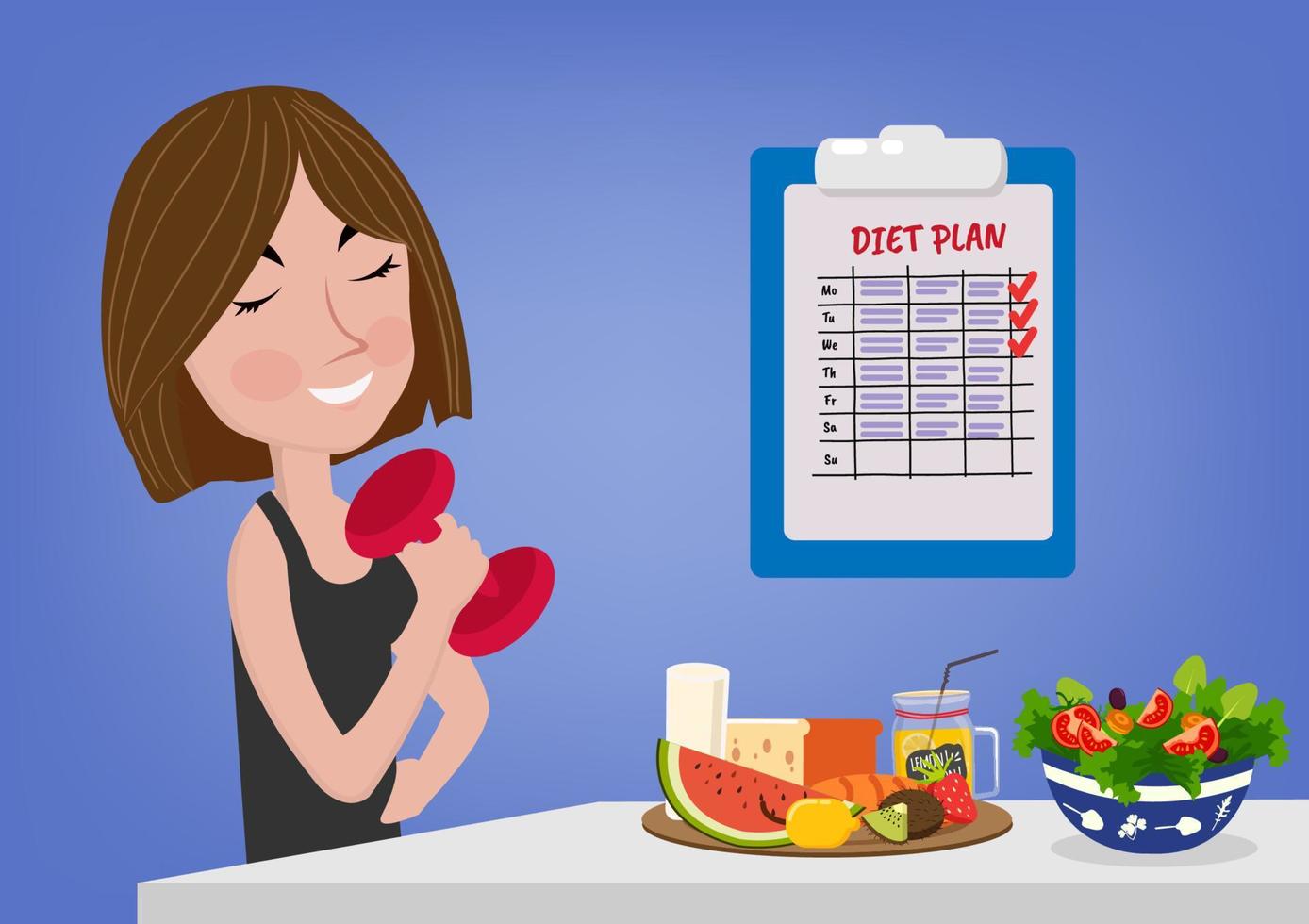 estilo de vida saludable de las mujeres jóvenes para hacer ejercicio y  dieta listas para controlar el plan de comidas diario. vector de  ilustración de dibujos animados de estilo plano 5639066 Vector