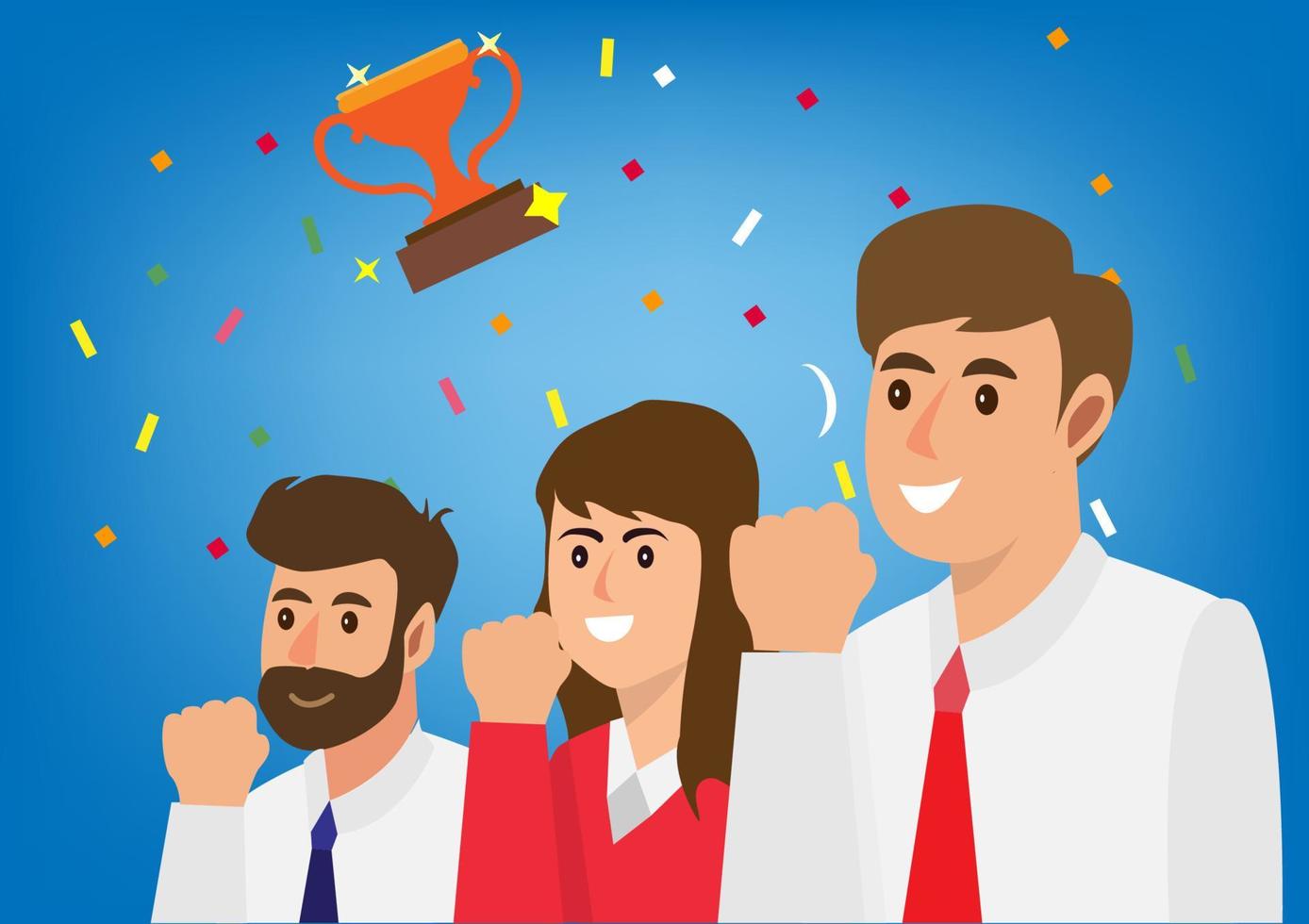 Successful Business Team - Three businessmen celebrate success with trophies. winning team concept.  Flat style cartoon illustration vector