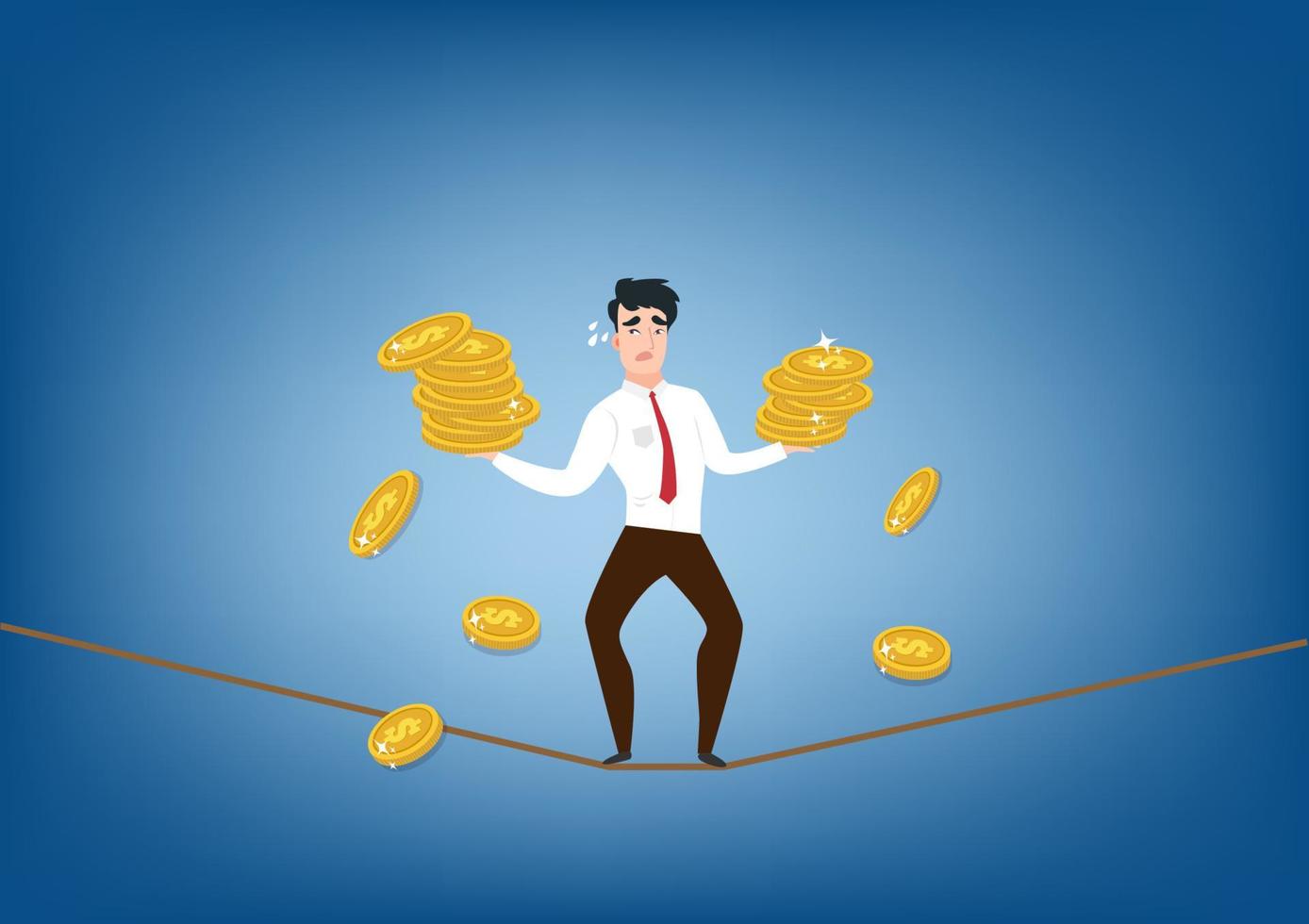 Investments are risky for business people. By comparison, a male character walks on a trembling rope. There were silver coins in both hands.  Flat style cartoon illustration vector