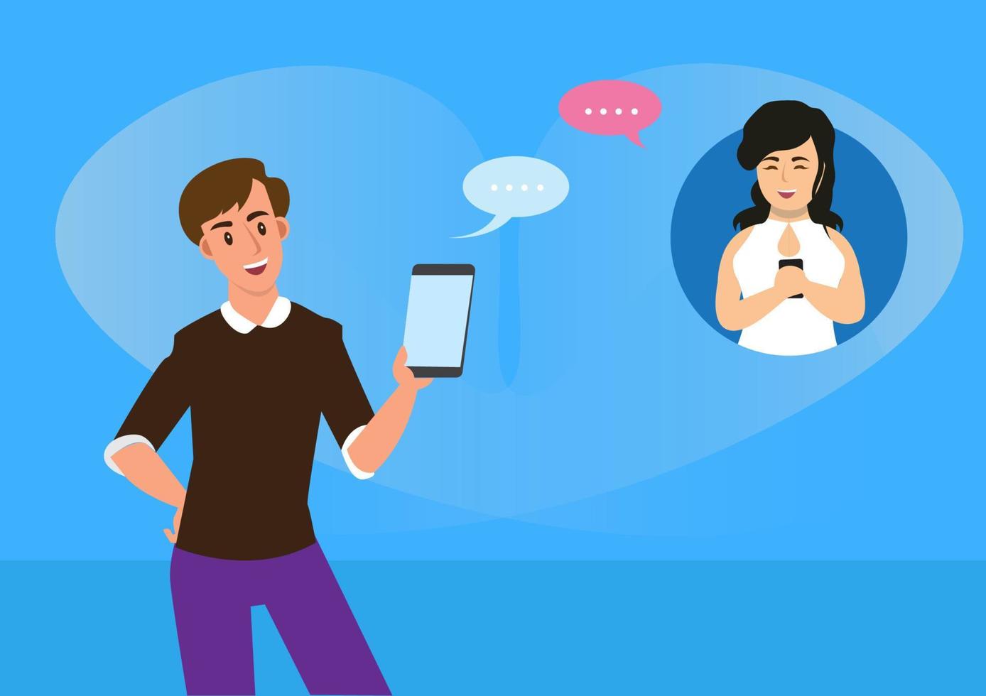 Bright-faced boy sends a messenger message to a young girl. Simple illustration. of people communicating with sms bubbles vector