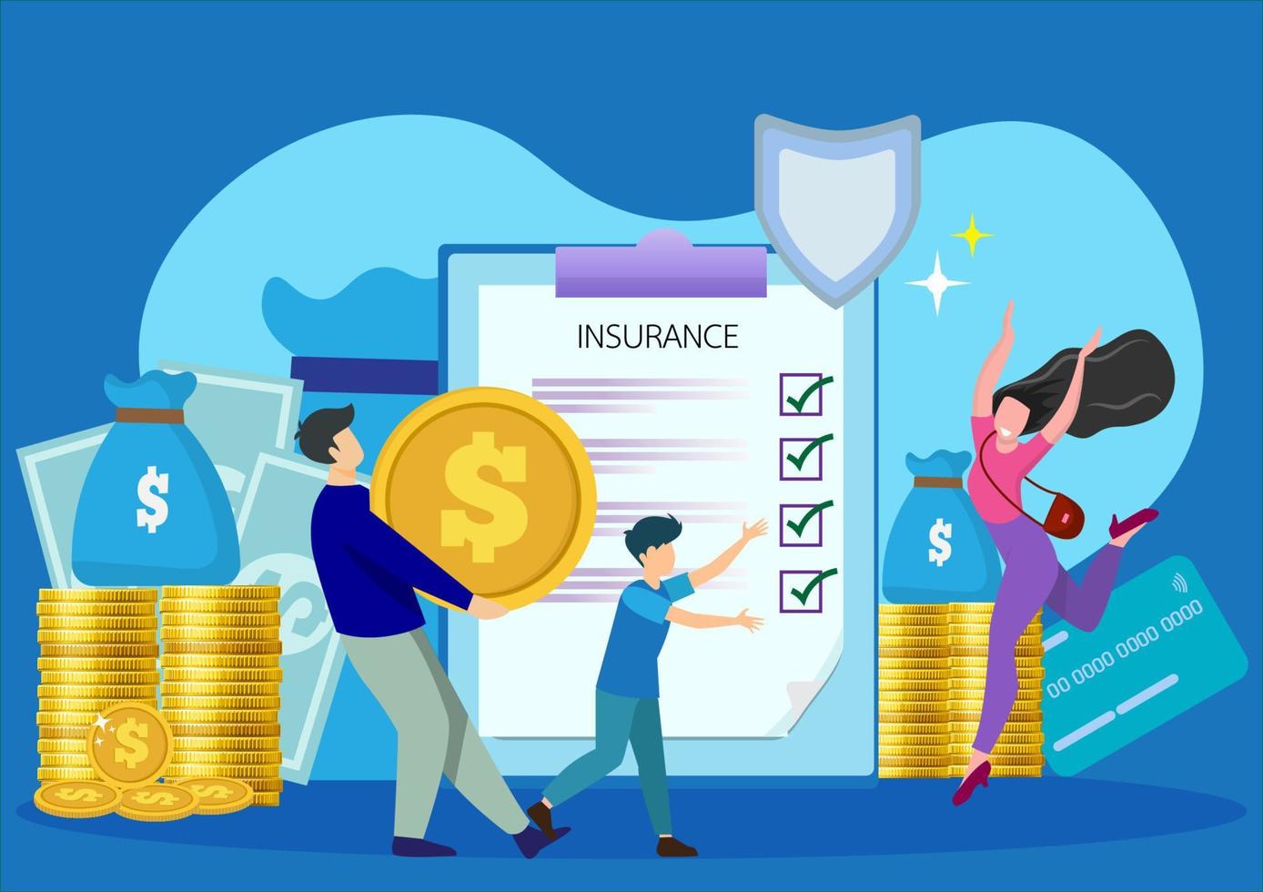 happy family protecting money vector illustration isolated father holding silver coins Mother and son protect bank deposits. Financial Security and Business Insurance Concepts