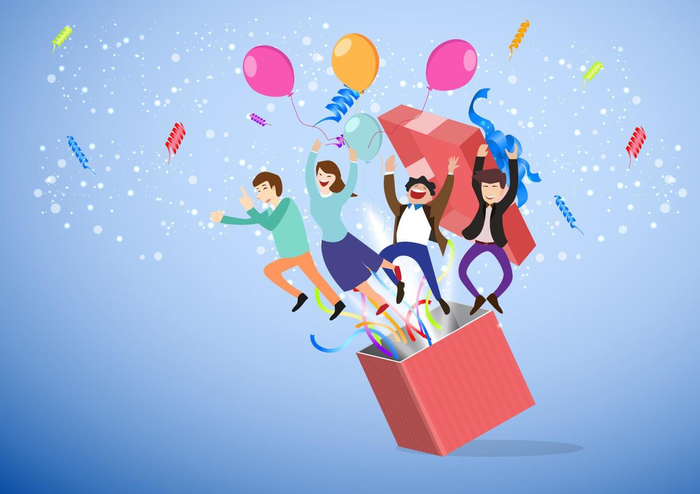 cheerful male and female characters jumping out of gift boxes flat style cartoon illustration vector