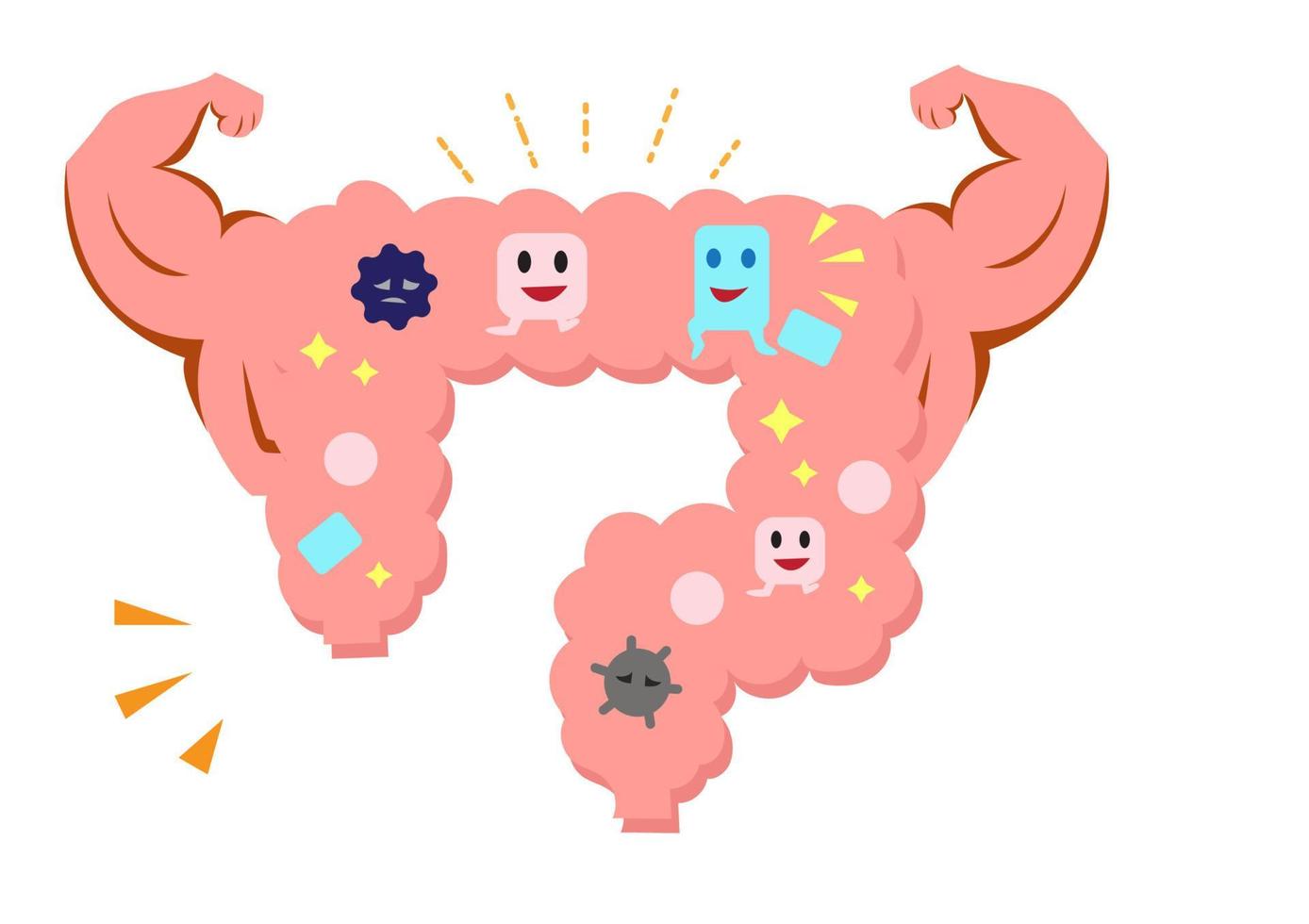 el concepto de cuidar la salud del cuerpo hace que el colon y las bacterias trabajen para mantener el equilibrio. vector de ilustración de dibujos animados de estilo plano