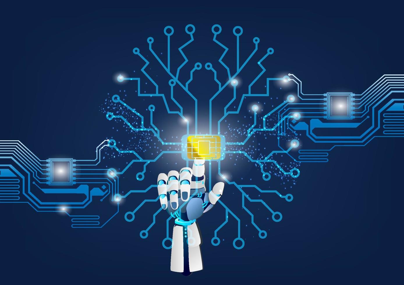 human brain on digital abstract technology background There is an AI robot finger that will do power start. vector illustration