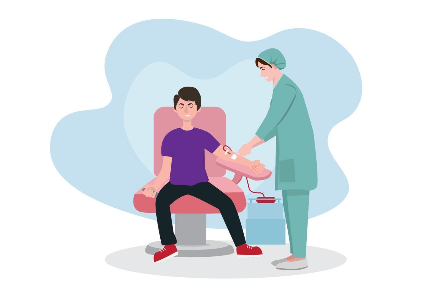 Nurse monitors transfusion of blood into plastic bag. Donor donates blood voluntarily to donation center. Patient sits in medical chair. Concept of save life and volunteering. Flat vector illustration