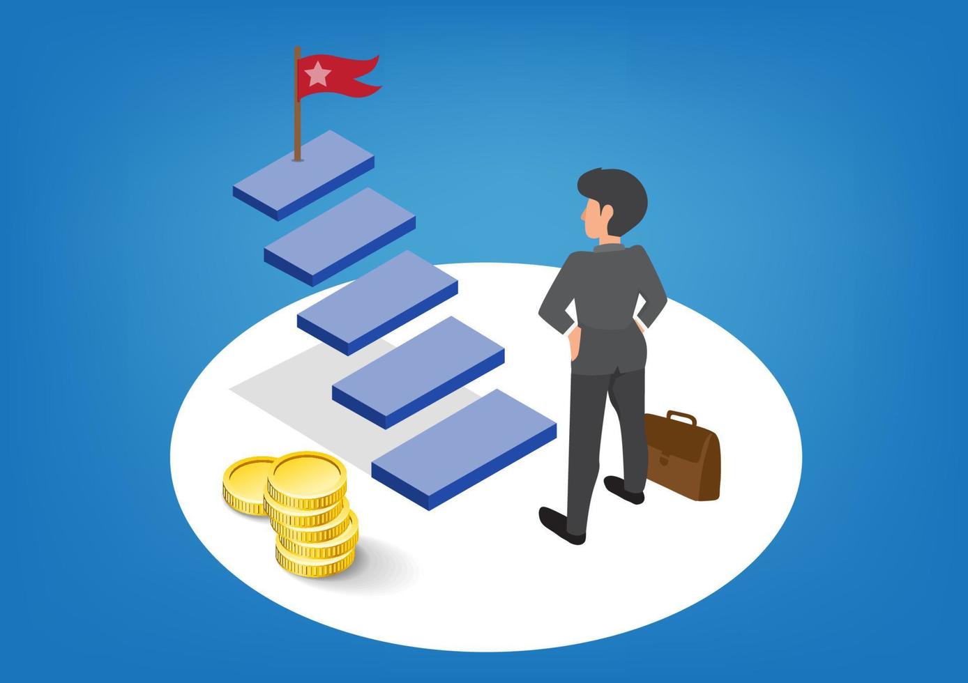 un hombre de negocios decide subir las escaleras por el camino del éxito. ideas gráficas de información empresarial paso a paso la bandera es el objetivo del éxito. ilustración vectorial de dibujos animados de estilo plano vector