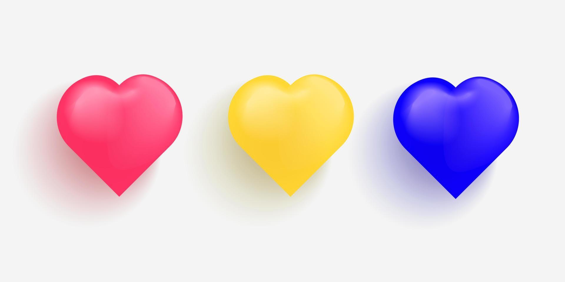 Corazones brillantes 3d, corazón colorido o amor, adecuado para mujeres felices, madres, día de san valentín, diseño de tarjetas de felicitación de cumpleaños vector