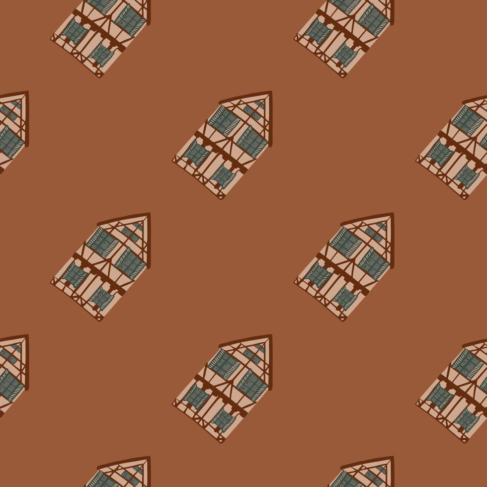 Building seamless pattern with house cartoon print. Brown background. Simple backdrop. vector