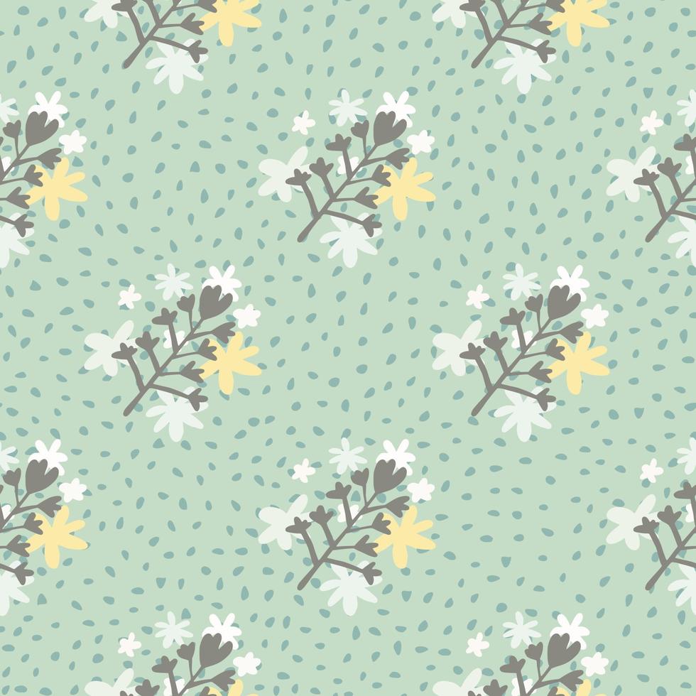 Daisy flower bouquet silhouette seamless pattern. Grey botanic elements on pastel light turquoise background with dots. vector