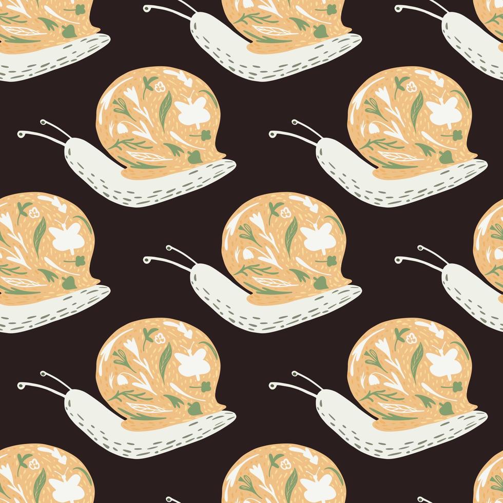Seamless pattern with doodle snails silhouettes. Orange achatina ornament on dark brown background. vector