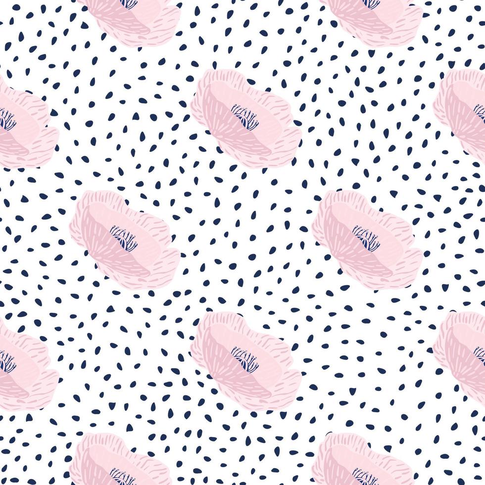 Light pink poppy buds seamless pattern. White background with black dots. Simple hand drawn flower print. vector