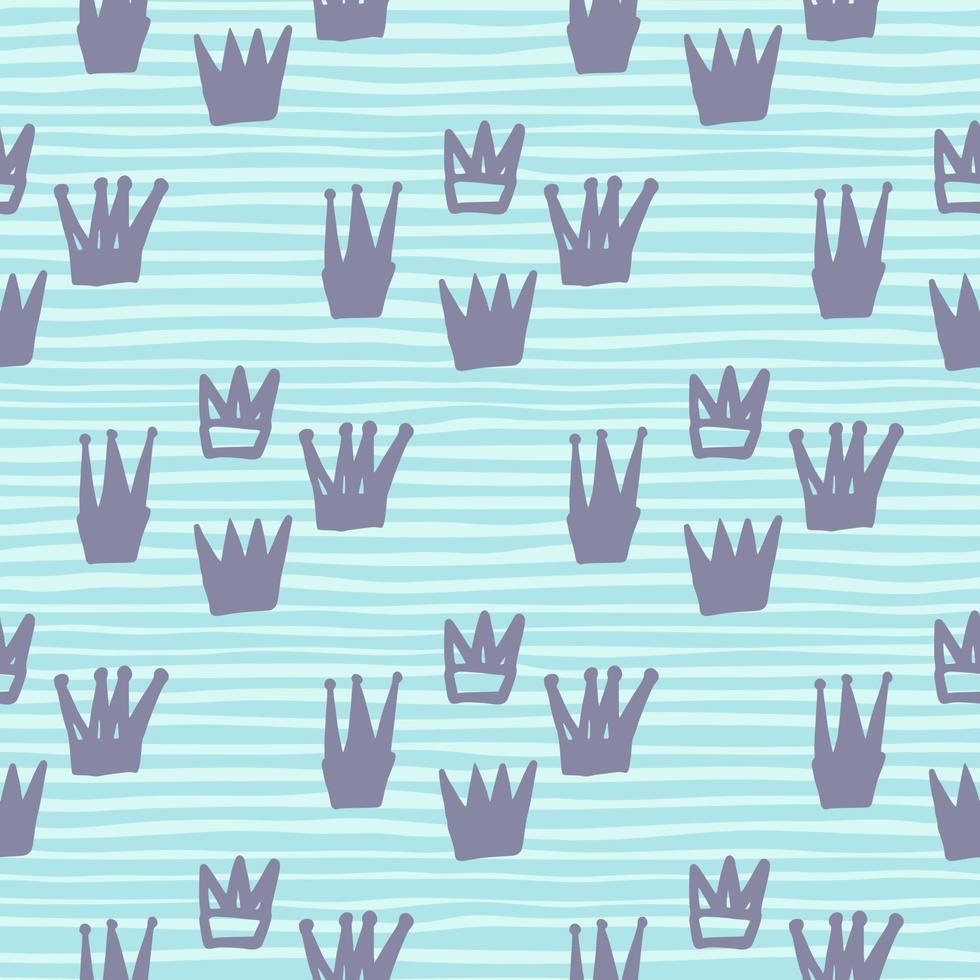 Crown doodle elements seamless hand drawn pattern. Bright background with strips. vector