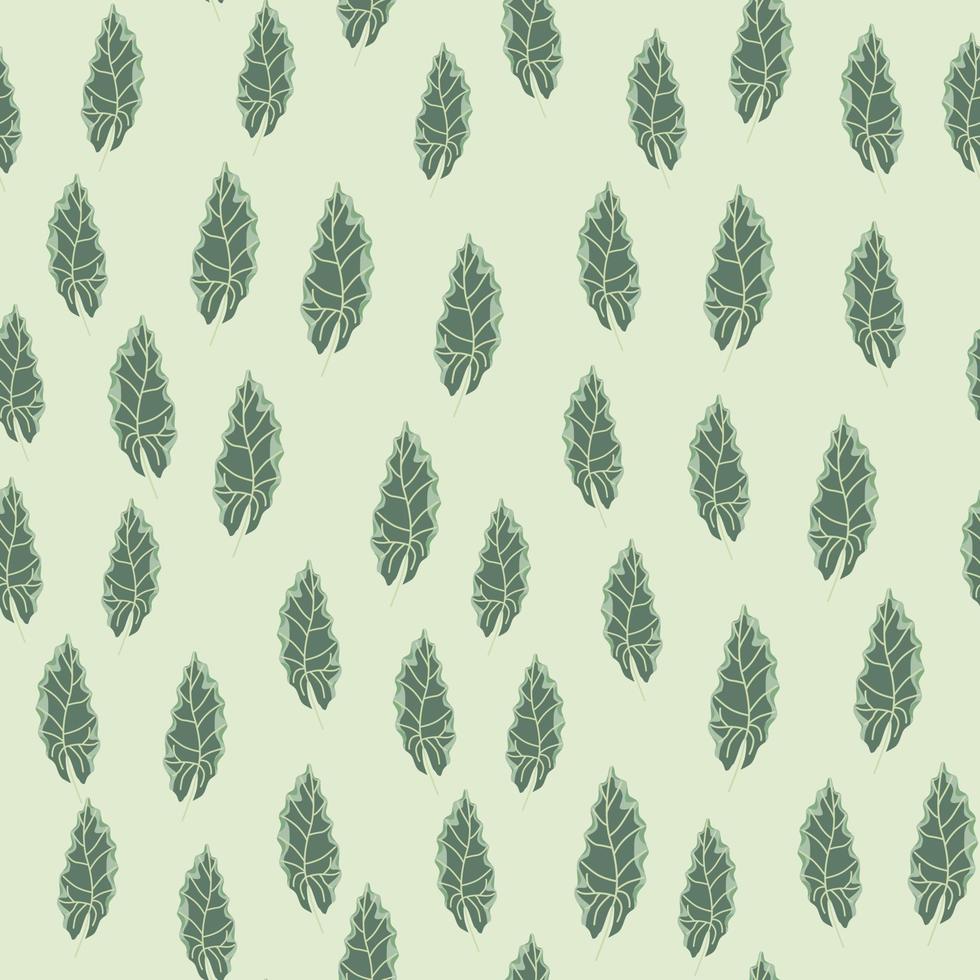 Abstract random seamless pattern with green little oak leaf ornament. Light grey background. vector