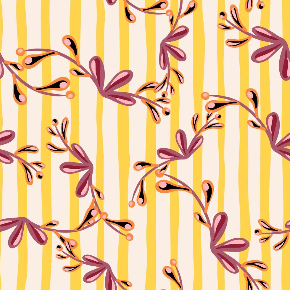 Abstract nature seamless pattern with random hand drawn branches ornament. Striped white and orange background. vector