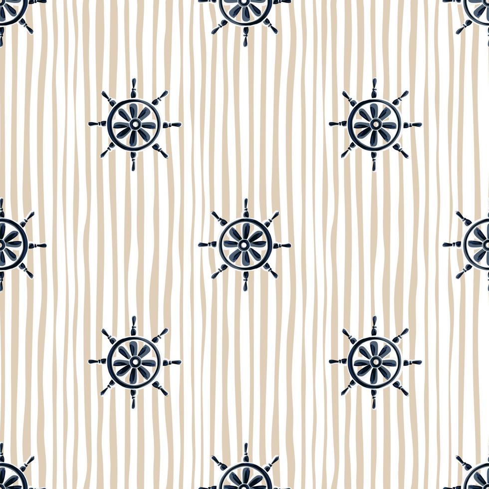 Navy blue ship helm silhouettes seamless doodle pattern. Striped beige pastel background. Sea style. vector