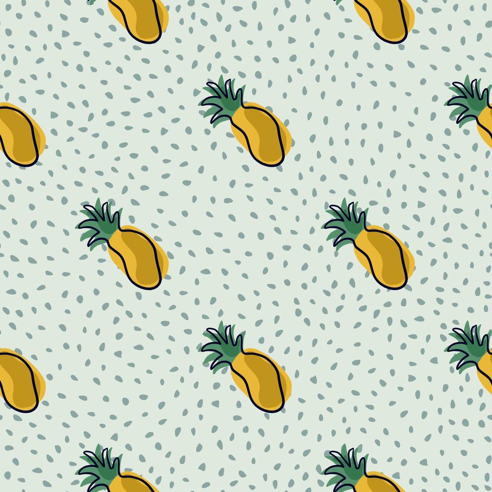 Diagonal pineapples ornament seamless pattern. Blue dotted background. Vitamin tropical shapes. vector