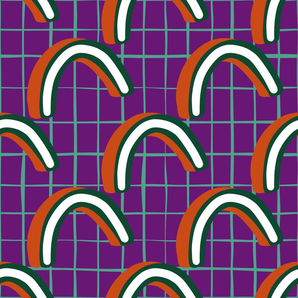 Geometric style seamless pattern with doodle 3d abstract shapes print. Purple chequered background. vector