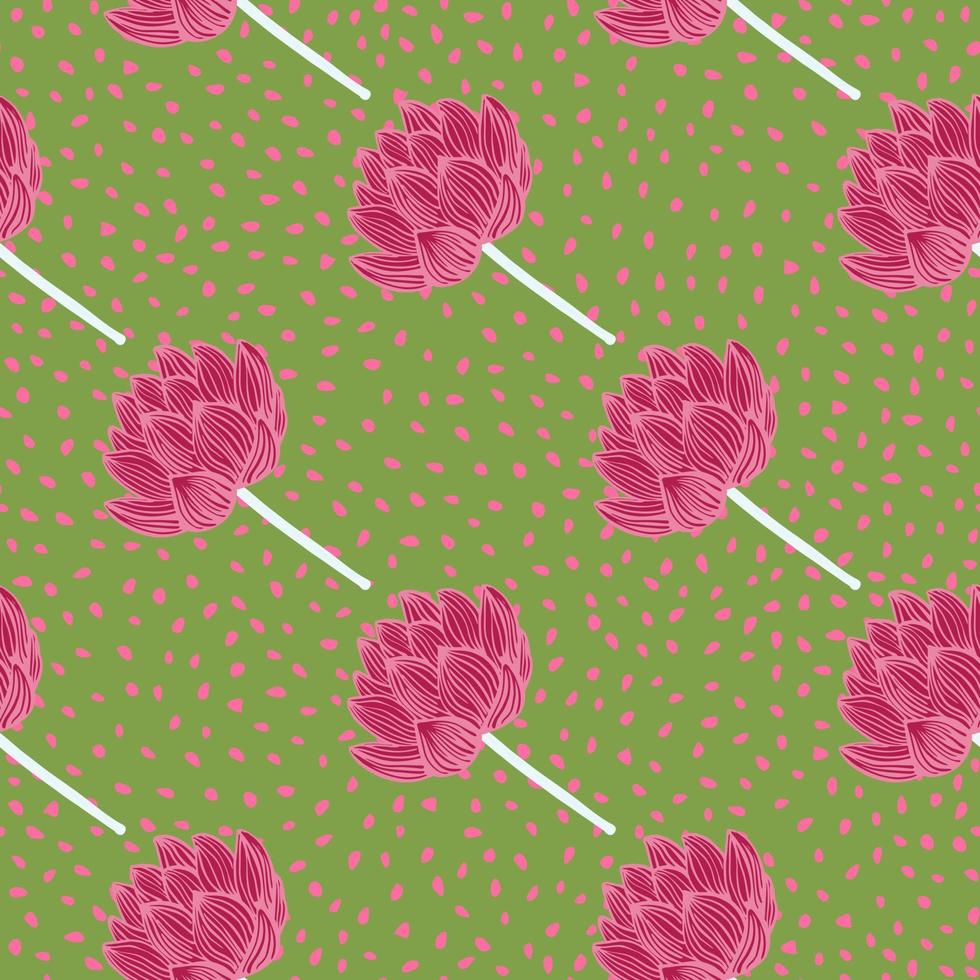 Chinese floral seamless nature pattern with hand drawn pink lotus silhouettes. Green dotted background. vector